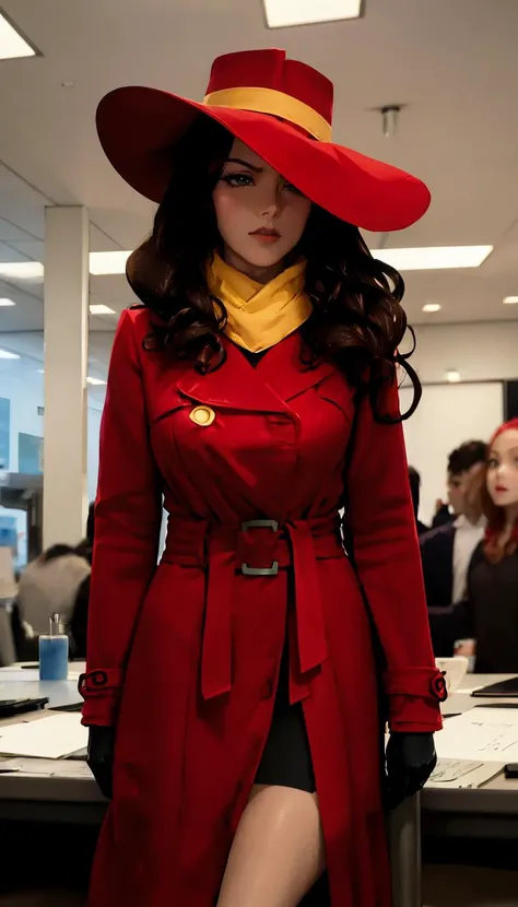 straight-on, upper body, solo, BREAK
CARTOON_carmen_sandiego_ownwaifu, www.ownwaifu.com, carmen_sandiego,
long hair, black hair, lipstick, makeup, red lips, breasts, lips, blue eyes, mature female, curly hair, dark skin, long legs, narrow waist, curvy,
trench coat, witch hat, belt, red headwear, black gloves, red coat, long coat, scarf, yellow scarf, buttons, big hair,
<lora:CARTOON_carmen_sandiego_ownwaifu-15:0.95> ,, official art, highres, scenery, (masterpiece:1.1), (best quality,:1.1), (high quality:1.1), (anime screencap:1.2),