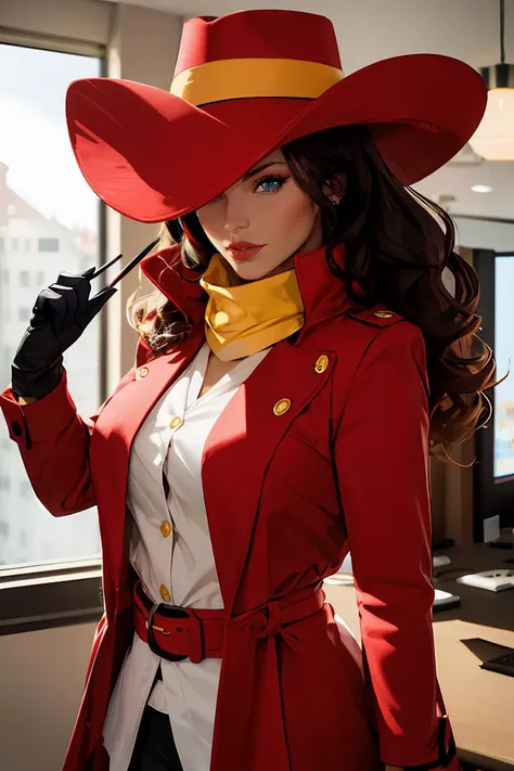 straight-on, upper body, solo, BREAK CARTOON_carmen_sandiego_ownwaifu,  carmen_sandiego, long hair, black hair, lipstick, makeup, red lips, breasts, lips, blue eyes, mature female, curly hair, dark skin, long legs, narrow waist, curvy, trench coat, witch hat, belt, red headwear, black gloves, red coat, long coat, scarf, yellow scarf, buttons, big hair,, official art,extremely detailed CG unity 8k wallpaper, perfect lighting,Colorful, Bright_Front_face_Lighting,shiny skin, (masterpiece:1.0),(best_quality:1.0), ultra high res,4K,ultra-detailed, photography, 8K, HDR, highres, (absurdres:1.2), Kodak portra 400, film grain, blurry background, (bokeh:1.2), lens flare, (vibrant_color:1.2),professional photograph, (beautiful_face:1.5), <lora:CARTOON_carmen_sandiego_ownwaifu:0.8>