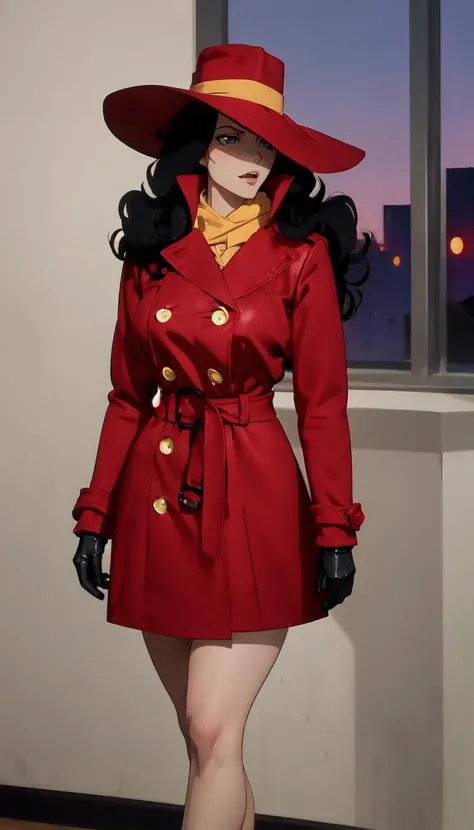 straight-on, upper body, solo, BREAK
CARTOON_carmen_sandiego_ownwaifu, www.ownwaifu.com, carmen_sandiego,
long hair, black hair, lipstick, makeup, red lips, breasts, lips, blue eyes, mature female, curly hair, dark skin, long legs, narrow waist, curvy,
trench coat, witch hat, belt, red headwear, black gloves, red coat, long coat, scarf, yellow scarf, buttons, big hair,
<lora:CARTOON_carmen_sandiego_ownwaifu-15:0.85> ,, official art, highres, scenery, (masterpiece:1.1), (best quality,:1.1), (high quality:1.1), (anime screencap:1.2),