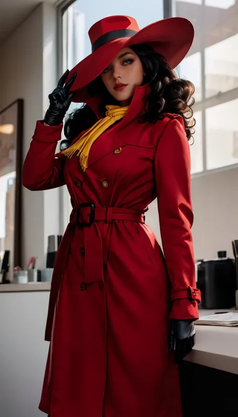 straight-on, upper body, solo, BREAK
CARTOON_carmen_sandiego_ownwaifu, www.ownwaifu.com, carmen_sandiego,
long hair, black hair, lipstick, makeup, red lips, breasts, lips, blue eyes, mature female, curly hair, dark skin, long legs, narrow waist, curvy,
trench coat, witch hat, belt, red headwear, black gloves, red coat, long coat, scarf, yellow scarf, buttons, big hair,
<lora:CARTOON_carmen_sandiego_ownwaifu-15:0.85> ,, official art,extremely detailed CG unity 8k wallpaper, perfect lighting,Colorful, Bright_Front_face_Lighting,shiny skin, (masterpiece:1.0),(best_quality:1.0), ultra high res,4K,ultra-detailed, photography, 8K, HDR, highres, (absurdres:1.2), Kodak portra 400, film grain, blurry background, (bokeh:1.2), lens flare, (vibrant_color:1.2),professional photograph, (beautiful_face:1.5),