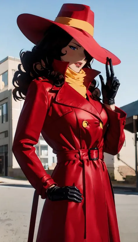 straight-on, upper body, solo, BREAK
CARTOON_carmen_sandiego_ownwaifu, www.ownwaifu.com, carmen_sandiego,
long hair, black hair, lipstick, makeup, red lips, breasts, lips, blue eyes, mature female, curly hair, dark skin, long legs, narrow waist, curvy,
trench coat, witch hat, belt, red headwear, black gloves, red coat, long coat, scarf, yellow scarf, buttons, big hair,
<lora:CARTOON_carmen_sandiego_ownwaifu-15:0.85> ,, official art, highres, scenery, (masterpiece:1.1), (best quality,:1.1), (high quality:1.1), (anime screencap:1.2),