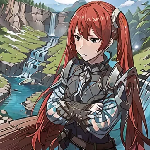 (waterfall in the background, cowboy_shot, best perspective:1.5), (sheathe:1.8), masterpiece,best_quality,hires,high_resolution,<lora:selenaBetaV3:0.7>,(selena_fe, bright red_hair, twintails,slim_body,1girl), >:|, (armor, shoulder_armor, white long_sleeves:1.2)