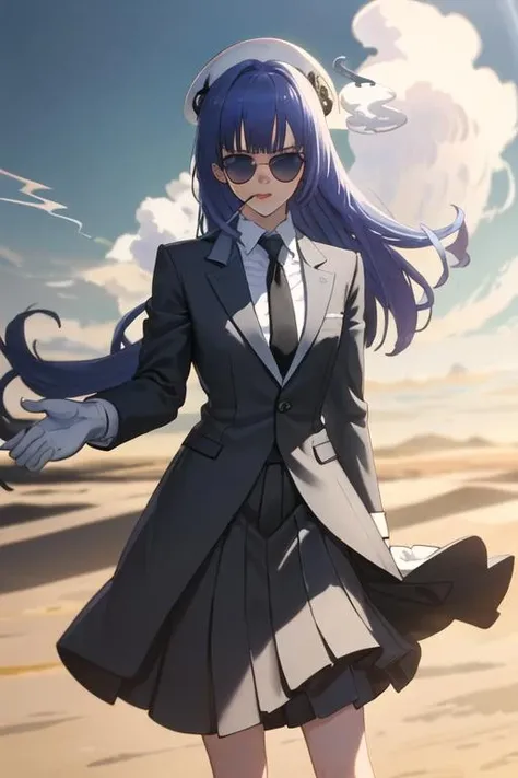 best quality, masterpiece, highres, solo, {black business suit:1.40}, {tie:1.20}, {sunglasses:1.25}, {white gloves:1.15}, {white shirt:1.10}, {black skirt:1.15}, {smoking:1.20}, handsome, {rhantolk_sukasuka:1.15}, long_hair, blue_hair, bangs, blue_eyes, hat