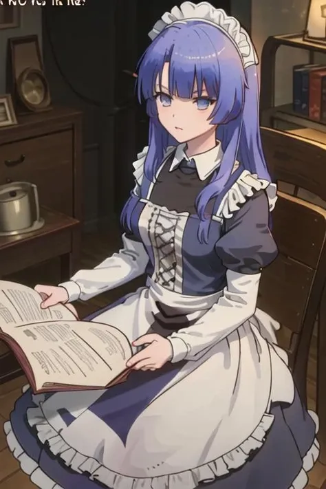 best quality, masterpiece, highres, solo, {maid:1.40}, {long maid dress:1.15}, {rhantolk_sukasuka:1.15}, long_hair, blue_hair, bangs, blue_eyes, hat
