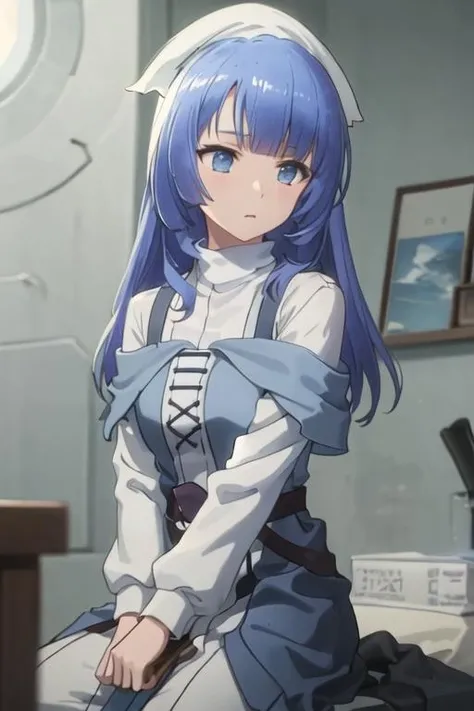 best quality, masterpiece, highres, solo, {rhantolk_sukasuka:1.15}, long_hair, blue_hair, bangs, blue_eyes, hat
