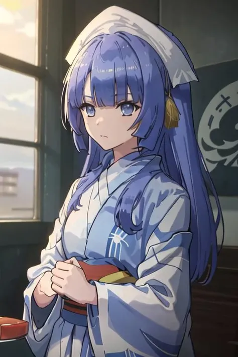 best quality, masterpiece, highres, solo, {yukata:1.40}, {kimono:1.20}, {rhantolk_sukasuka:1.15}, long_hair, blue_hair, bangs, blue_eyes, hat