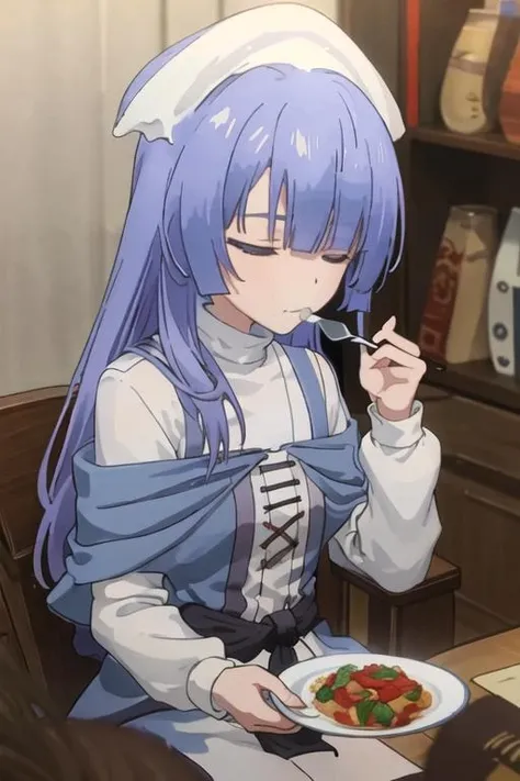 best quality, masterpiece, highres, solo, {rhantolk_sukasuka:1.15}, long_hair, blue_hair, bangs, blue_eyes, hat, 1girl, closed_eyes, eating, food, holding, holding_spoon, long_sleeves, spoon, dress, english_text, facing_viewer, upper_body