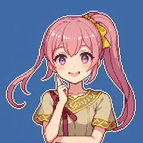 <lora:pixel_f2:0.5>pixel, portrait, close up, <lora:Phina_Fp:0.7>phinafe, pink hair, side ponytail, long hair, dress, hair bow, ribbon, yellow ribbon, smile, hands above head, dark blue background, simple background