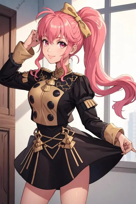 masterpiece, best quality, solo, 1girl, smile, looking at viewer, <lora:Phina_Fp:1>, phinafe, ponytail, hair bow, dress, ribbon, <lora:gmuniform-nvwls-v1:1> gmuniform,