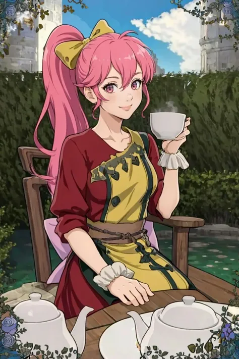 masterpiece, best quality, solo, 1girl, smile, looking at viewer, <lora:Phina_Fp:1>, phinafe, ponytail, hair bow, dress, ribbon, dress, <lora:Teatime-concept_Fp:0.8>, cup, table, food, teapot, outdoors, sitting