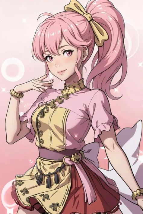 masterpiece, best quality, solo, 1girl, smile, looking at viewer, <lora:Phina_Fp:1>, phinafe, ponytail, hair bow, dress, ribbon, dress, <lora:FEA S Rank:1>, pink background, bubble, sparkle,