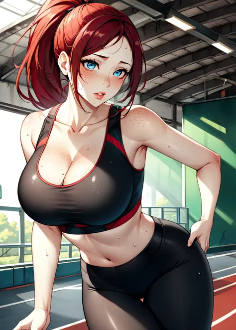 absurdres, ultra realistic, masterpiece, extremely detailed CG, 8k, best quality, ultra_detailed, UHD, HDR, soft lighting, distinct, school, running track, 1girl, detailed eyes, detailed lips, star eye, skin pores, curvy, sweat, freckles, red_hair, ponytail, breasts, black sports bra, cleavage, <lora:MassiveBreastsV3:0.6>, black leggings, <lora:Scrunch-Legs-V3:0.6>, sneakers, midriff, fcHeatPortrait,