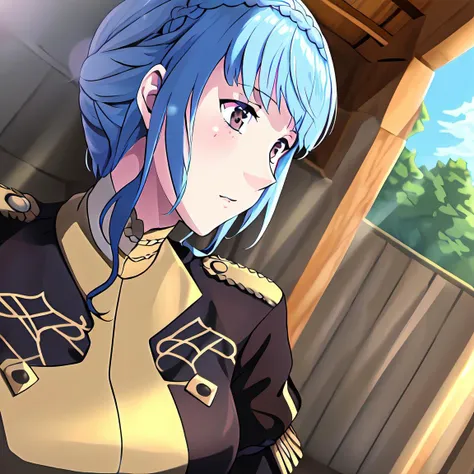 (masterpiece:1.1), (best quality:1.1), marianne_von_edmund, 1girl, solo, short hair, breasts, light blue hair, outside, brown eyes, <lora:MarianneVonEdmund:1>, still from official media anime, 4K masterpiece!!, 8k resolution!!!, trending on pixiv fanbox!, stunning detail!!!!!!!!!!!!, professional lighting, barn, uniform, garreg mach monastery, uniform, braided hair