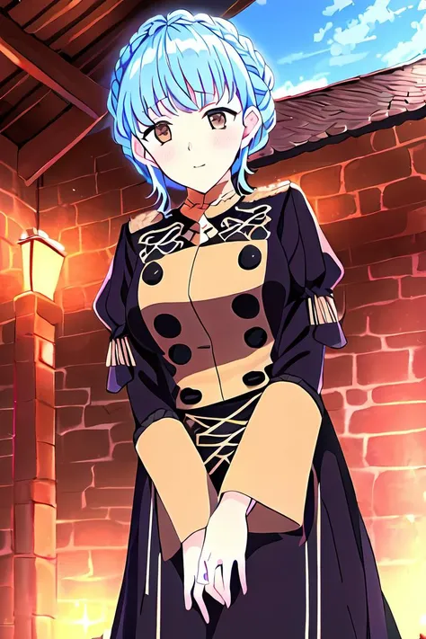 (masterpiece:1.1), (best quality:1.1), marianne_von_edmund, 1girl, solo, short hair, breasts, light blue hair, outside, brown eyes, <lora:MarianneVonEdmund:1>, still from official media anime, 4K masterpiece!!, 8k resolution!!!, trending on pixiv fanbox!, stunning detail!!!!!!!!!!!!, professional lighting, outside barn, uniform, garreg mach monastery, uniform, braided hair