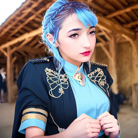 (masterpiece:1.1), (best quality:1.1), marianne_von_edmund, 1girl, solo, short hair, breasts, light blue hair, outside, brown eyes, <lora:MarianneVonEdmund:1>, still from official media anime, 4K masterpiece!!, 8k resolution!!!, trending on pixiv fanbox!, stunning detail!!!!!!!!!!!!, professional lighting, barn, uniform, garreg mach monastery, uniform, lipstick, pursing lips, braided hair