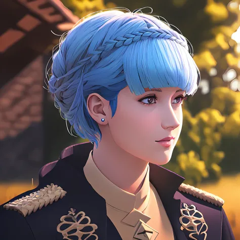 (masterpiece:1.1), (best quality:1.1), marianne_von_edmund, 1girl, solo, short hair, breasts, light blue hair, outside, brown eyes, <lora:MarianneVonEdmund:1>, still from official media anime, 4K masterpiece!!, 8k resolution!!!, trending on pixiv fanbox!, stunning detail!!!!!!!!!!!!, professional lighting, outside barn, uniform, garreg mach monastery, uniform, braided hair, 3d render