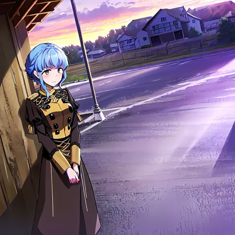 (masterpiece:1.1), (best quality:1.1), marianne_von_edmund, 1girl, solo, short hair, breasts, light blue hair, outside, brown eyes, <lora:MarianneVonEdmund:1>, still from official media anime, 4K masterpiece!!, 8k resolution!!!, trending on pixiv fanbox!, stunning detail!!!!!!!!!!!!, professional lighting, barn, uniform, garreg mach monastery, uniform, braided hair