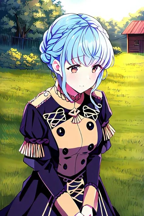 (masterpiece:1.1), (best quality:1.1), marianne_von_edmund, 1girl, solo, short hair, breasts, light blue hair, outside, brown eyes, <lora:MarianneVonEdmund:1>, still from official media anime, 4K masterpiece!!, 8k resolution!!!, trending on pixiv fanbox!, stunning detail!!!!!!!!!!!!, professional lighting, outside barn, uniform, garreg mach monastery, uniform, braided hair