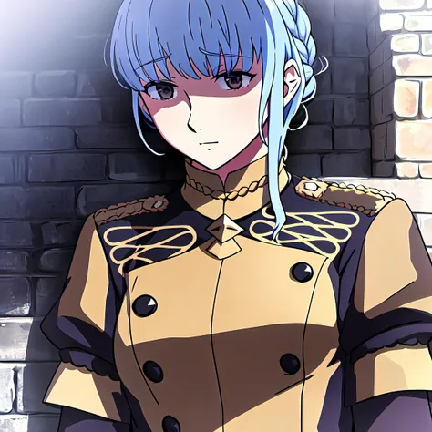 (masterpiece:1.1), (best quality:1.1), marianne_von_edmund, 1girl, solo, short hair, breasts, light blue hair, outside, brown eyes, <lora:MarianneVonEdmund:1>, still from official media anime, 4K masterpiece!!, 8k resolution!!!, trending on pixiv fanbox!, stunning detail!!!!!!!!!!!!, professional lighting, outside barn, uniform, garreg mach monastery, uniform, braided hair