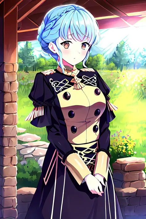 (masterpiece:1.1), (best quality:1.1), marianne_von_edmund, 1girl, solo, short hair, breasts, light blue hair, outside, brown eyes, <lora:MarianneVonEdmund:1>, still from official media anime, 4K masterpiece!!, 8k resolution!!!, trending on pixiv fanbox!, stunning detail!!!!!!!!!!!!, professional lighting, outside barn, uniform, garreg mach monastery, uniform, braided hair