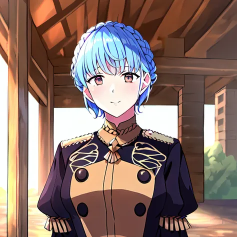 (masterpiece:1.1), (best quality:1.1), marianne_von_edmund, 1girl, solo, short hair, breasts, light blue hair, outside, brown eyes, <lora:MarianneVonEdmund:1>, still from official media anime, 4K masterpiece!!, 8k resolution!!!, trending on pixiv fanbox!, stunning detail!!!!!!!!!!!!, professional lighting, outside barn, uniform, garreg mach monastery, uniform, braided hair