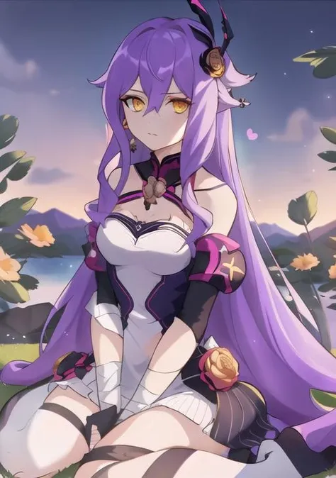 masterpiece, best quality, best 8k wallpaper,
1 girl, long hair, purple hair, bangs, yellow eyes, earrings, hair between eyes,
bandages, dress, hill, thighhighs, heart pose hand,
full body, flower field, lake, blue sky, sitting,