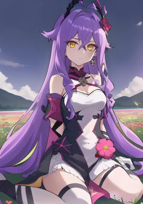 masterpiece, best quality, best 8k wallpaper,
1 girl, long hair, purple hair, bangs, yellow eyes, earrings, hair between eyes,
bandages, dress, hill, thighhighs, heart pose hand,
full body, flower field, lake, blue sky, sitting,