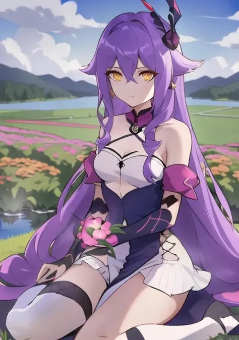 masterpiece, best quality, best 8k wallpaper, 
1 girl, long hair, purple hair, bangs, yellow eyes, earrings, hair between eyes, 
bandages, dress, hill, thighhighs, heart pose hand,
full body, flower field, lake,  blue sky, sitting,