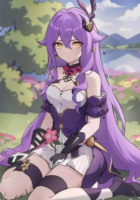 masterpiece, best quality, best 8k wallpaper,
1 girl, long hair, purple hair, bangs, yellow eyes, earrings, hair between eyes,
bandages, dress, hill, thighhighs, heart pose hand,
full body, flower field, lake, blue sky, sitting,