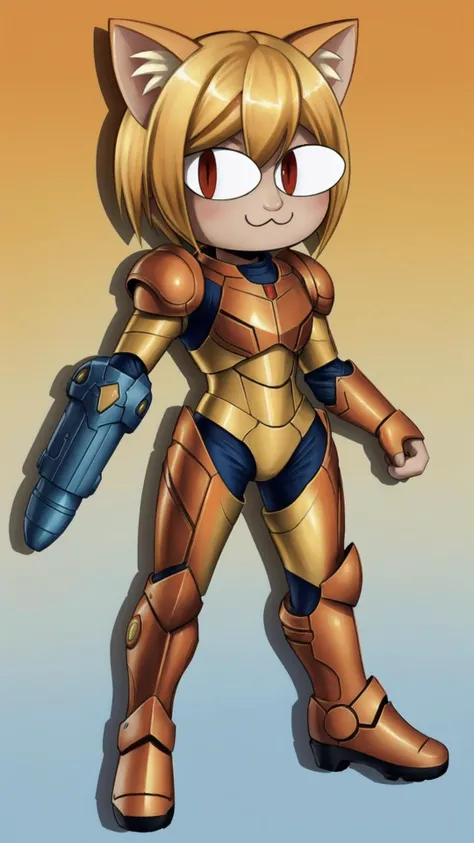 <lora:necoarc:0.8> necoarc, cat girl, blonde hair, short hair, (chibi, small), (slit pupils:1.25), red eyes, cat ears, :3, <lora:Samus_Varia_Suit:0.6> samus aran, varia suit, arm cannon, (orange armor:1.2), blue armor,