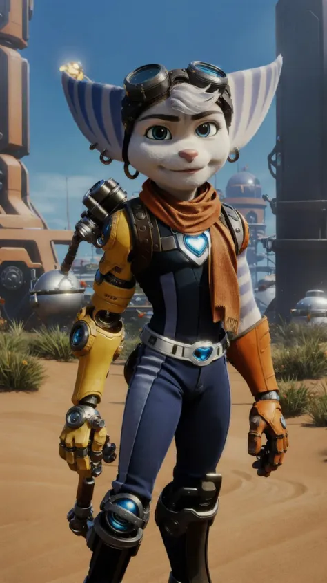 <lora:Rivet:0.8> furry, rivetlombax, 1girl, Ratchet and Clank, rivet, white fur, goggles on head, right prosthetic arm, scarf,