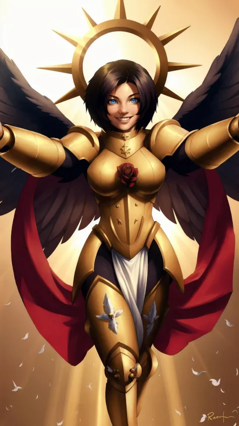 <lora:Saint Celestine MK1 by CARAXES:0.6> Saint Celestine, 1girl, black hair, short hair, white pupils, glowing eyes, golden power armor, red loincloth, iron halo, angle wings, motherly, light smile, dove, rose, sunbeam, from below, open arms, (incoming hug, looking at viewer:1.25), <lora:Sweet_CAT:0.5> <lora:Incoming hug kiss:0.8> incoming hug