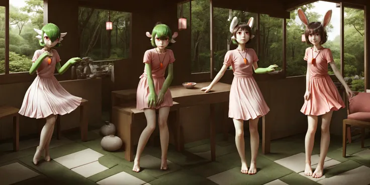inaba tewi barefoot with bright pink toenails on human feet,1girl,short hair,brown hair,rabbit ears, red eyes, pink dress,short sleeves, carrot necklace, transformation sequence from Inaba tewi into gardevoir with green toenails on human feet, losing her rabbit ears and black hair the further she changes in an Japanese temple living room, 1girl, solo, gardevoir, white dress, creatures \(company\), game freak, nintendo, pokemon, pokemon \(game\), bangs, colored skin, female focus, flat chest, gen 3 pokemon, green hair, green skin, hair over one eye, multicolored skin, pokemon \(creature\), red eyes, short hair, two-tone skin, white skin,
<lora:tewi:1> <lora:gardevoir_v2:0.8>