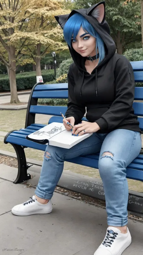 <lora:SummerTimeSaga-SugarTatsSisters_Shurik:0.8> SS Eve, Eve Rogers, 1girl, bluehair, blue eyes, black hoodie, denim jeans, sneakers, hood, cat ears, smirk, choker, medium breasts, sitting, park bench, (drawing, sketchbook, holding pencil)