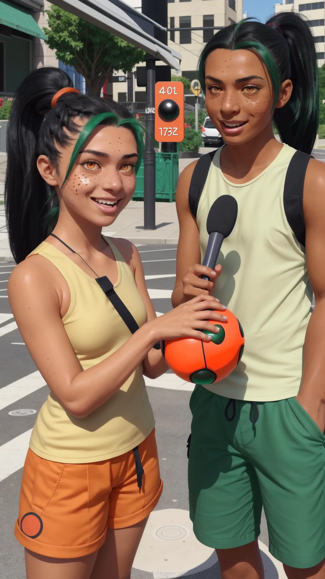 <lora:nemona pokemon by Goofy Ai:0.8> nemona, 1girl, tan, freckles, long hair, orange eyes, ponytail, black hair, green hair strand, happy, poke ball, holding poke ball, <lora:streetInterview:0.8> street interview, holding microphone, 1boy,