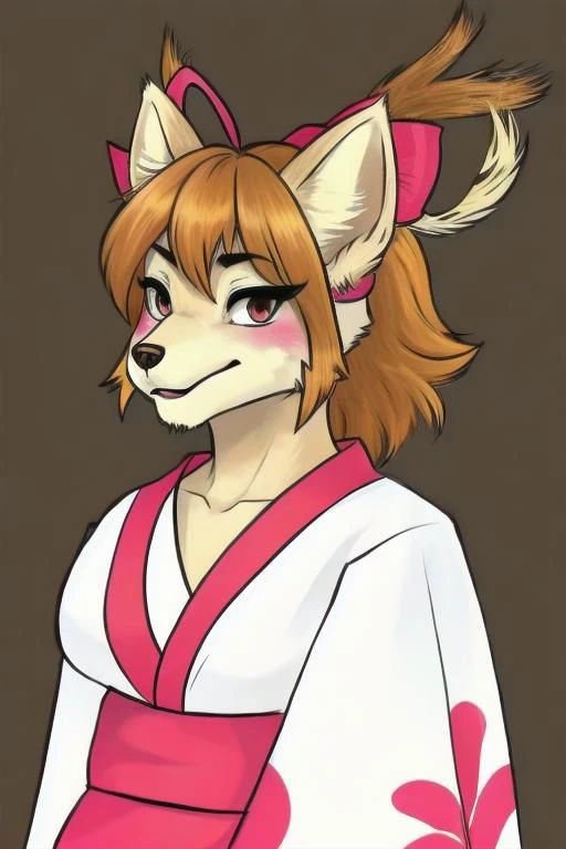 ketsukaneceroba, hair ribbon, hair bell, furry, kimono