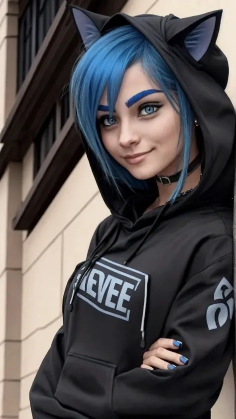 <lora:SummerTimeSaga-SugarTatsSisters_Shurik:0.8> SS Eve, 1girl,  bluehair, black hoodie, hood, cat ears, smirk,