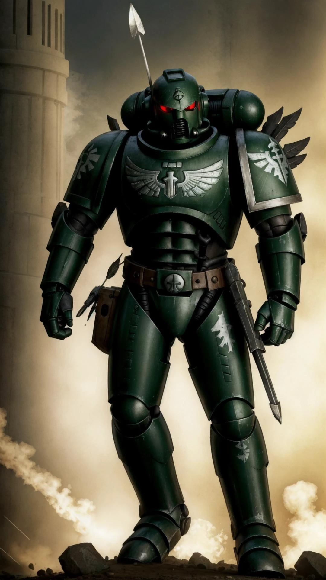 <lora:Dark_Angels_Warhammer_40K:0.6> Dark Angels Warhammer, red eyes, 1boy, solo, male focus, mask, helmet, robot, D, pauldrons, shoulder pads, power armor, shoulder armor, arrow (symbol),