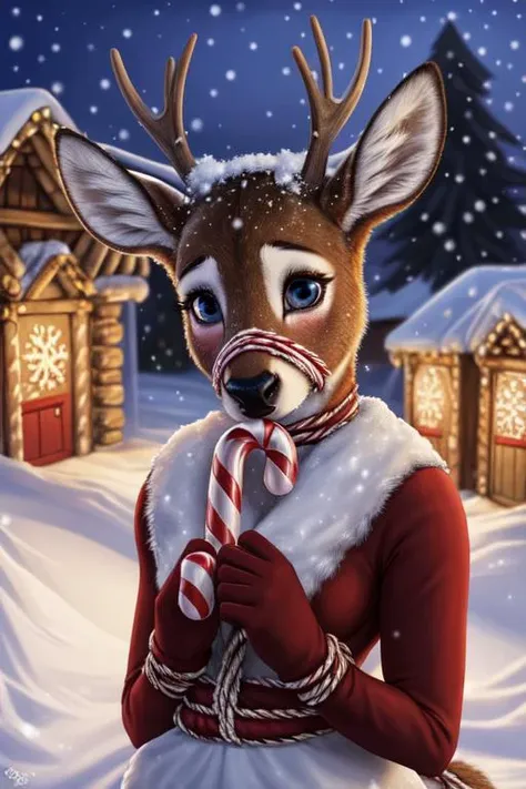 female, anthro, deer, solo, beautiful, full body, harnessed in a reindeer carriage,beautiful detailed eyes, (embarrassed, looking at viewer:1.3), Candy Cane in mouth, ((snow village background), christmas atmosphere