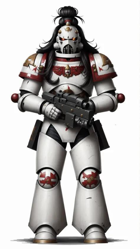 <lora:Warhammer_40K_-_Space_Marines_-_White_Scars:0.8> Warhammer 40K, White Scars, White Scars emblem, Space Marines, white power armor, red topknot, long hair, helmet, bolter, gun, holding gun,