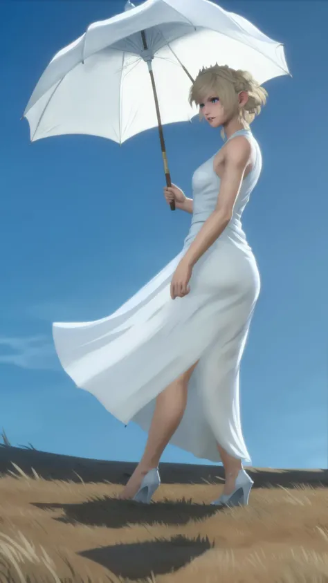 <lora:woman_with_a_parasol_parody:0.8> woman with a parasol holding umbrella, white dress, sundress, sun hat, distant, distance, <lora:Lunafreyav1:0.8> fflunafreya, blonde hair, blue eyes, crown braid, white dress,