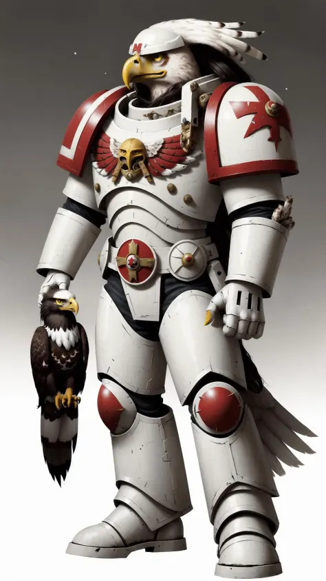 <lora:Warhammer_40K_-_Space_Marines_-_White_Scars:0.8> Warhammer 40K, White Scars, Space Marines, white power armor, red topknot, long hair, helmet, (eagle, hawk, holding animal),