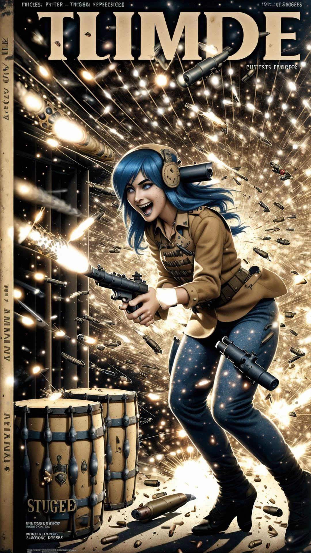 <lora:SummerTimeSaga-SugarTatsSisters_Shurik:0.8> SS Eve, Eve Rogers, 1girl, blue hair, long hair, spiked hair, blue eyes, laughing, medium breasts, 1920s \(style\), fedora, (sepia, sepia background), <lora:BetterGuns-V1:0.5> (thompson submachine gun, drum magazine, magazine \(weapon\), holding gun:1.25), <lora:avoidGun:0.5> (firing, bullet, gun, light particles:1.35),