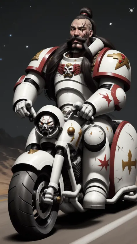 <lora:Warhammer_40K_-_Space_Marines_-_White_Scars:0.8> Warhammer 40K, White Scars, Space Marines, white power armor, bald, red topknot, long hair, scar, mustache, chin beard, (motorcycle, riding, riding machine),