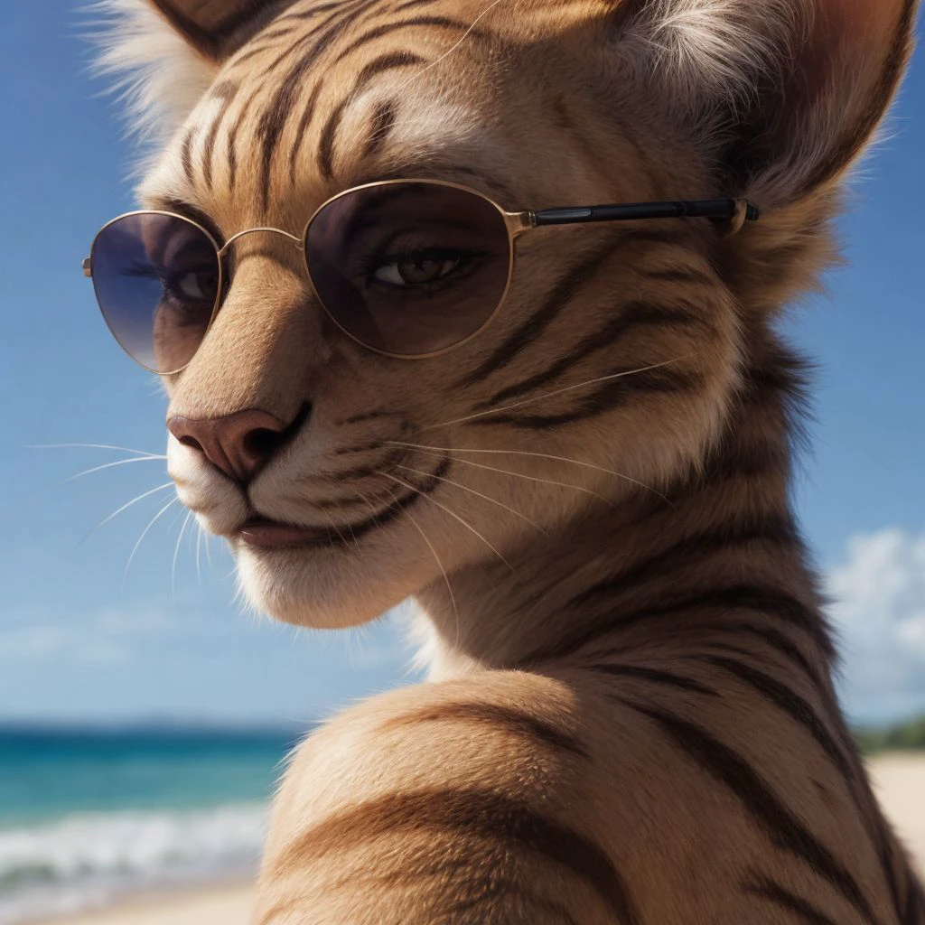 Realistic photo, professional model, body shot, ultrarealistic, photorealistic, 8k, uhd, incredible details, Female, anthro, khajiit, bikini, sunglasses, beach, medium breasts, eyeliner, eyelashes, looking at viewer, smiling, detailed fur, <lora:add_detail:1>