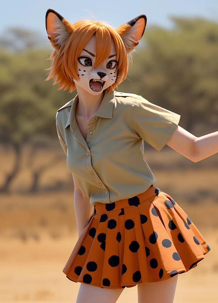 master piece,8K,best quality,female,cute,beautiful,(anthro)(anthrofied),(safari scenery) pose,solo , orange hair,( serval cat:0.7),small face,anime,flesh-colored skin,short stature,(spotted pattern skirt),short sleeve,Fluffy body,angry,fangs,intimidation,teeth