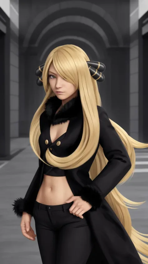 <lora:Cynthia_Pokemon:0.8> Cynthia Pokemon, solo, 1girl, blonde, long hair, black coat, black pants, very long hair, hair ornament, <lora:HairOverOneEye_LOCO_s:0.8> hair over one eye