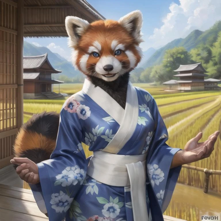 19/20/21 years old, handsome female fluffy anthro (red panda:1.1), (detailed expressive face, seductive smile, detailed clear eyes:1.2), fur texture, digital media, e621 by foxovh, ross tran, michael garmash, pino daeni, solo, Japanian, ((white kimono) with (blue flowers):1.1), standing behind ((rice field)):1.3 and (bamboo house), 8k, insane detailed