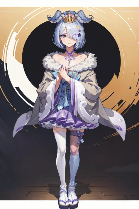 masterpiece, (detailed, highres, best quality), 1girl, <lora:eliraPendora-09:1> elira2st, japanese clothes, grey kimono, wide sleeves, single thighhigh, purple skirt, off shoulder, necklace, fur trim, thigh strap, tabi, sandals, purple nails, <lora:supercrown2:1> super crown