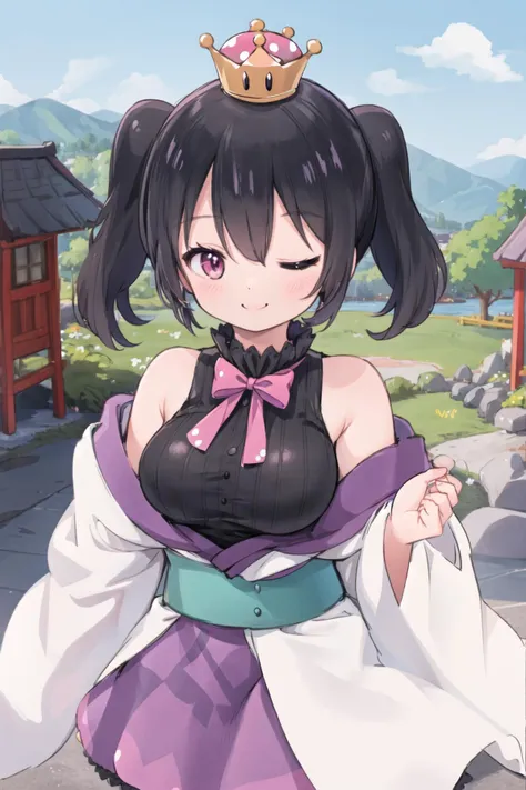 <lora:supercrown2-10:0.6>, (super crown), <lora:koumeyukimi-10:0.6>, yukimi koume, sleeveless shirt, medium breasts, off shoulder, short kimono, white kimono, twin tails, pink eyes, black hair, skirt, black shirt, village, outdoors, smile, one eye closed